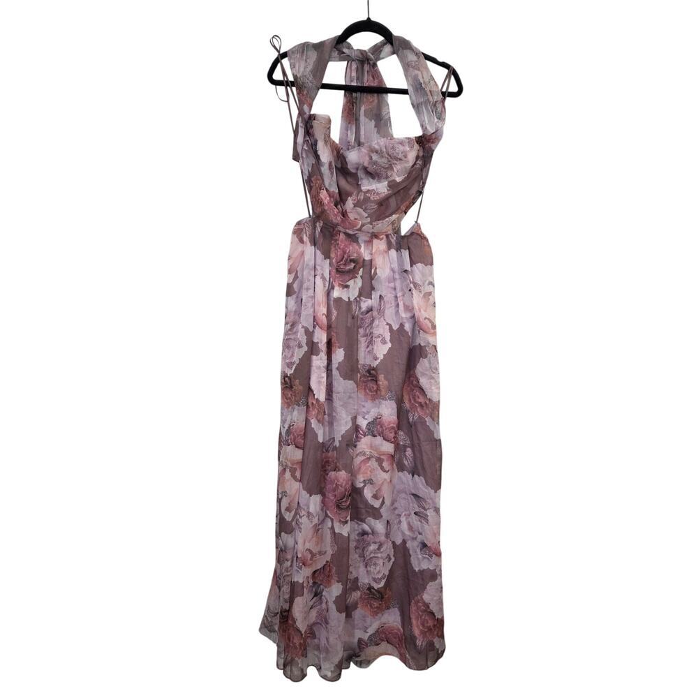 Olia Floral Open Back Floral Evening Gown Prom Large Halter Style Neck Scarf/Tie
